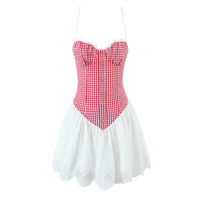 Retro casual plaid lace patchwork slim suspender dress - Thumbnail 1