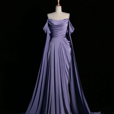 Purple satin long prom dress, elegant draped bodice formal party dress - Thumbnail 2