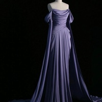 Purple Satin Long Prom Dress, Elegant Draped Bodice Formal Party Dress - Thumbnail 1