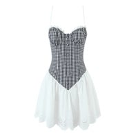 Retro casual plaid lace patchwork slim suspender dress - Thumbnail 1