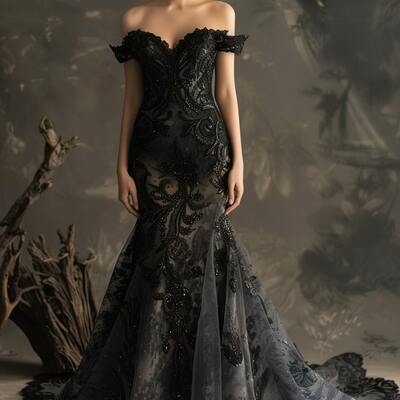 Black mermaid off the shoulder lace appliques wedding dress bridal gown wedding gown