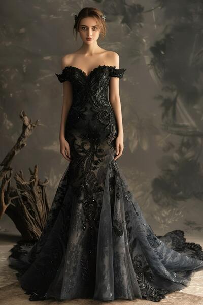 Black Mermaid Off the Shoulder Lace Appliques Wedding Dress Bridal Gown Wedding Gown