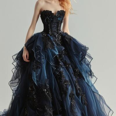 Gothic navy blue lace appliques wedding dress bridal gown wedding gown