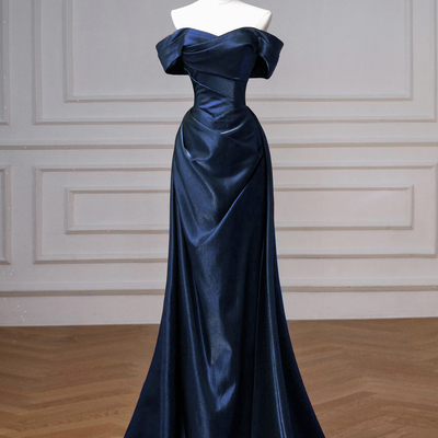 Navy satin long prom dress, elegant off the shoulder party dress - Thumbnail 1
