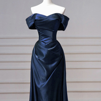 Navy Satin Long Prom Dress, Elegant Off the Shoulder Party Dress - Thumbnail 1