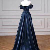 Navy Satin Long Prom Dress, Elegant Off the Shoulder Party Dress - Thumbnail 2