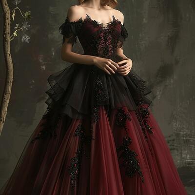 Gothic burgundy lace appliques wedding dress bridal gown wedding gown