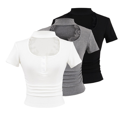 Halter neck lace patchwork pleated slim fit short sleeve t-shirt