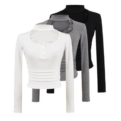 Halter neck lace stitching long sleeve pleated slim fit t-shirt