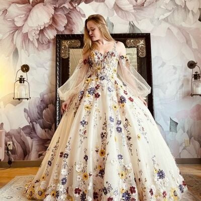  floral a-line wedding gown wedding dress, tulle wedding gown bridal dress