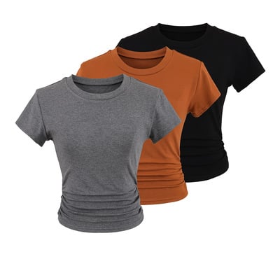 Sexy waist pleated slim fit round neck short sleeve t-shirt