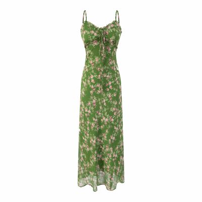 Summer beach vacation leisure green floral suspender dress