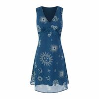 V-neck collarbone-revealing blue printed tie waist dress - Thumbnail 1