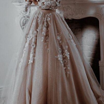 Champagne a line lace wedding dress bridal gown wedding gown