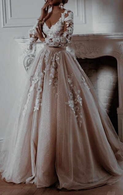 Champagne A Line Lace Wedding Dress Bridal Gown Wedding Gown