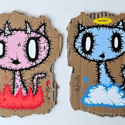 😈😇 diptych darwings by celipe perrolco "blue angel and pink demon pets" - Thumbnail 5