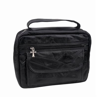 Genuine leather bible cover – black, zippered main compartment, front pockets & carrying strap