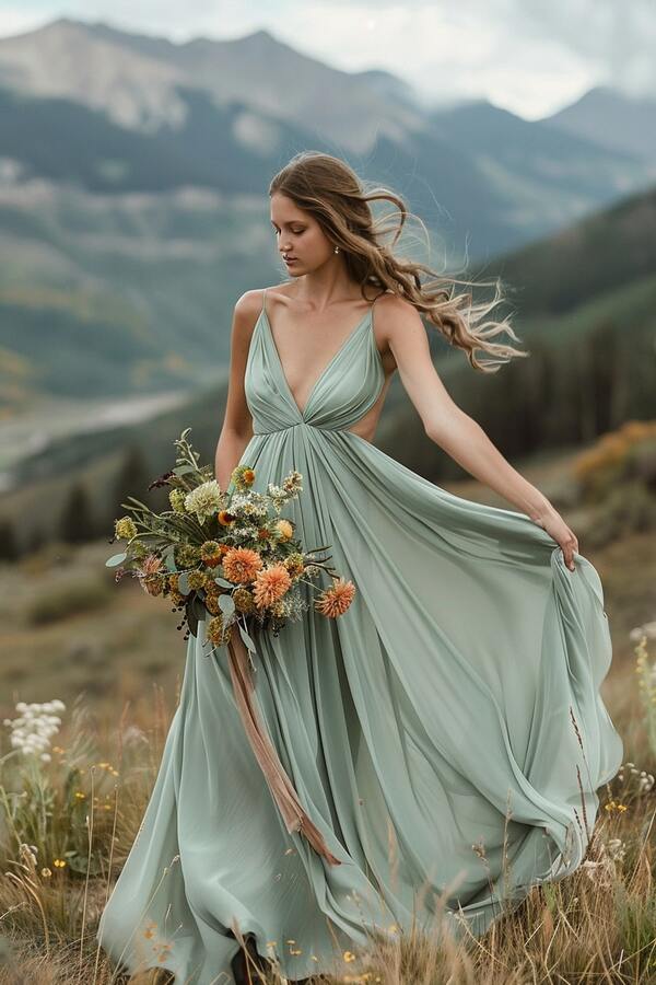  Sage Green A-line Wedding Gown Wedding Dress, Deep V-neck Chiffon Wedding Gown Bridal Dress