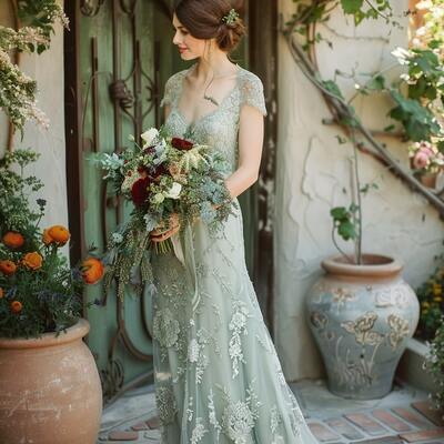 Sage green a-line wedding gown wedding dress, appliques tulle wedding gown bridal dress