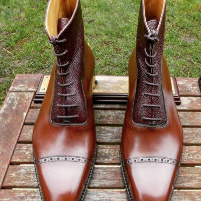 Handmade men brown grain leather ankle high boot