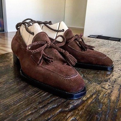 Handmade Men Brown Suede Leather Tassel Loafers Dress Shoes