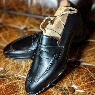 Handmade men black calf leather moccasin loafers dress shoes  - Thumbnail 2
