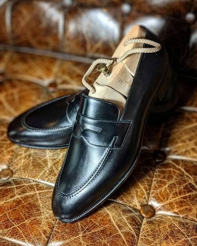 Handmade Men Black Calf Leather Moccasin Loafers Dress Shoes 