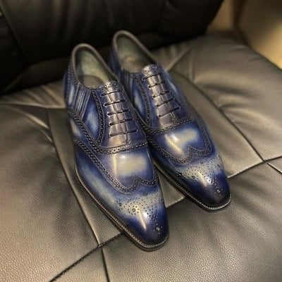 Handmade Blue Patina Leather Wingtip Oxford Dress Shoes