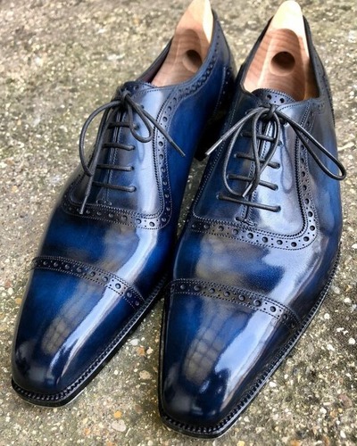 Handmade Blue Black Patina Leather Lace up Dress Shoes
