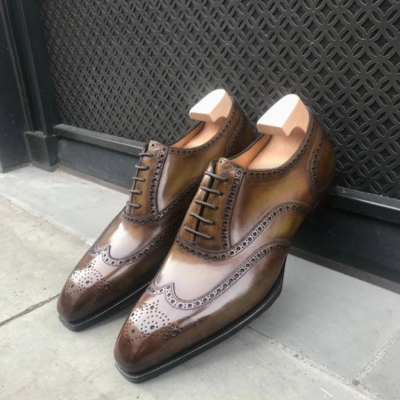 Handmade brown patina leather oxford dress shoes - Thumbnail 3