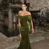 Elegant Mermaid Off the Shoulder Green Velvet Evening Dresses With Lace Up - Thumbnail 1