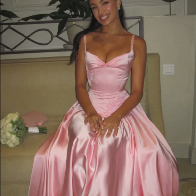 Spaghetti straps pink a line appliques satin evening dresses - Thumbnail 2