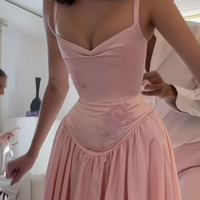 Spaghetti Straps Pink A Line Appliques Satin Evening Dresses - Thumbnail 1