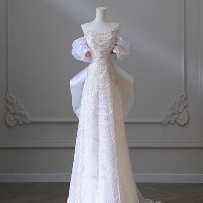 Lovely pink pearl long a-line prom dress - Thumbnail 1