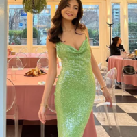Sheath Spaghetti Straps Green Sequin Open Back Prom Dresses - Thumbnail 1