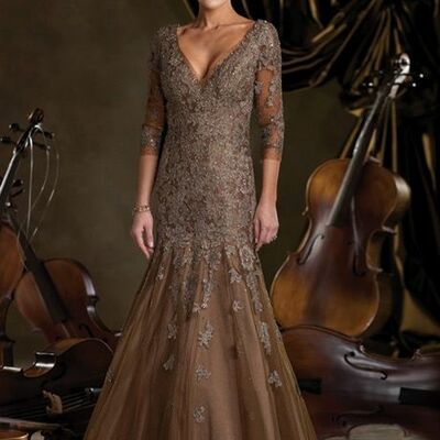 Elegant brown mermaid lace appliques mother of the bride/groom dress evening formal prom dress