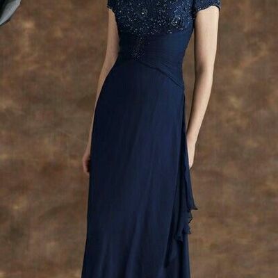 Elegant navy blue sheath beaded mother of the bride/groom dress evening formal prom dress