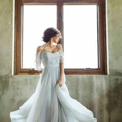  a-line wedding gown wedding dress, light blue tulle wedding gown bridal dress