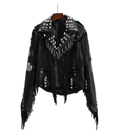  Chain & Metal Rivet Studded Black Biker Coat
