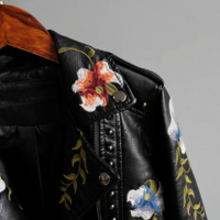 Floral Print Embroidery Women's PU Leather Jacket - Thumbnail 2