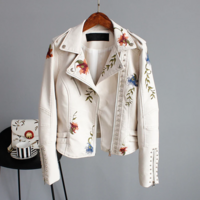 Floral Print Embroidery Women's PU Leather Jacket - Thumbnail 6