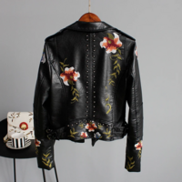 Floral Print Embroidery Women's PU Leather Jacket - Thumbnail 1