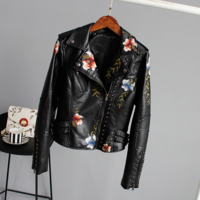 Floral Print Embroidery Women's PU Leather Jacket - Thumbnail 4