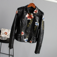 Floral Print Embroidery Women's PU Leather Jacket - Thumbnail 5