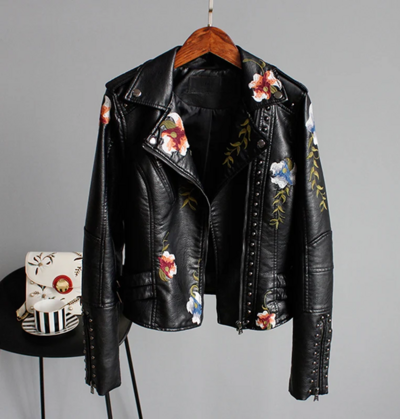 Floral Print Embroidery Women's PU Leather Jacket