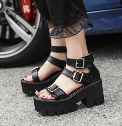 Black Platform Ankle Strap Sandals