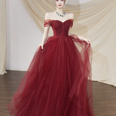 Burgundy tulle long a-line prom party dress with corset - Thumbnail 1