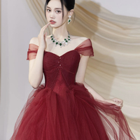 Burgundy Tulle Long A-Line Prom Party Dress with Corset - Thumbnail 1