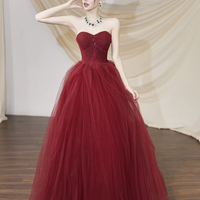 Burgundy Tulle Long A-Line Prom Party Dress with Corset - Thumbnail 2