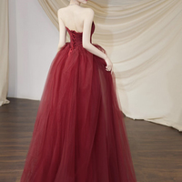 Burgundy Tulle Long A-Line Prom Party Dress with Corset - Thumbnail 3